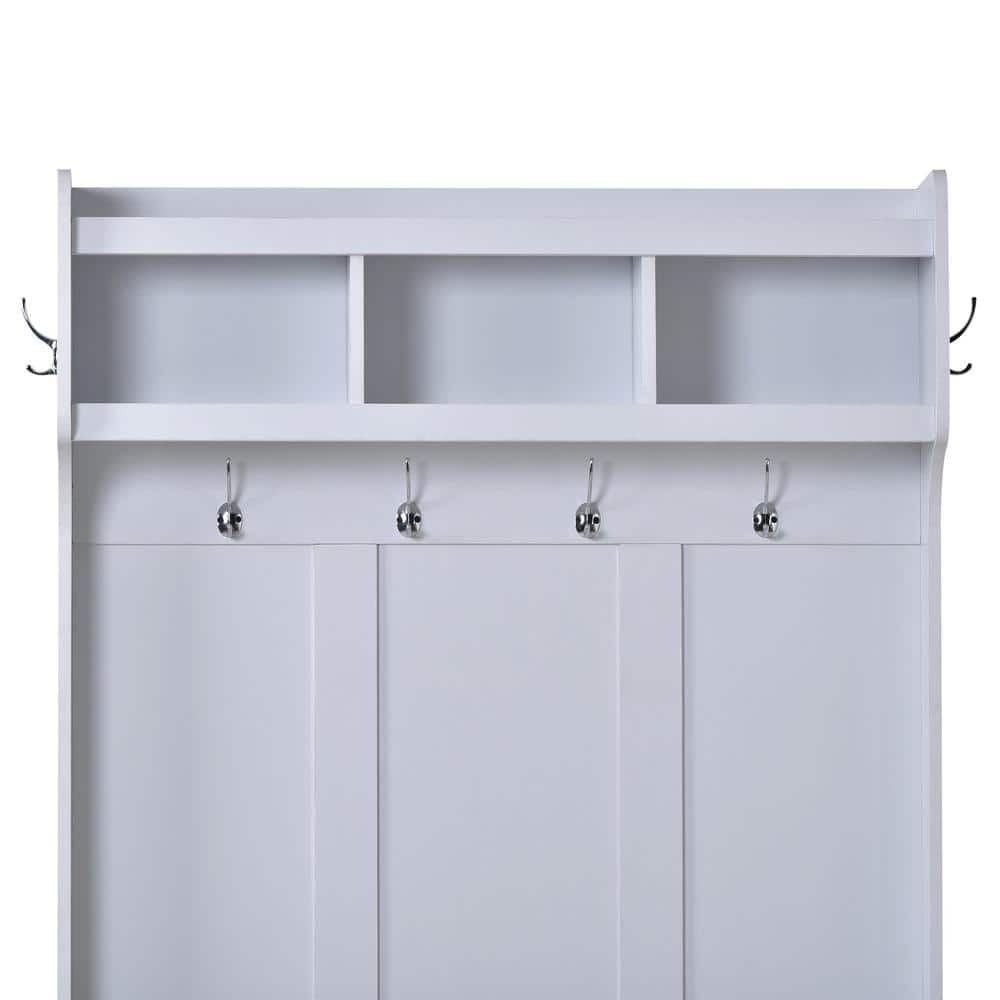 White Solid Wood Hall Tree with Storage and Hooks