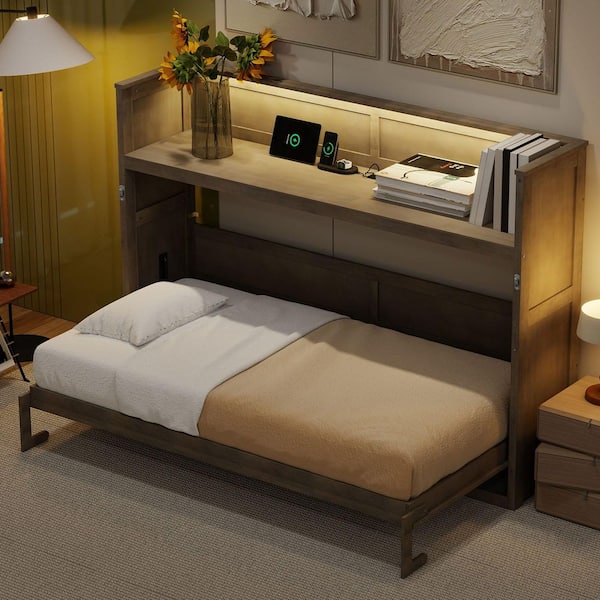 Halden Gray Wash Wood Frame Twin XL Size Murphy Bed with Desk, LED Light, USB Charging Station