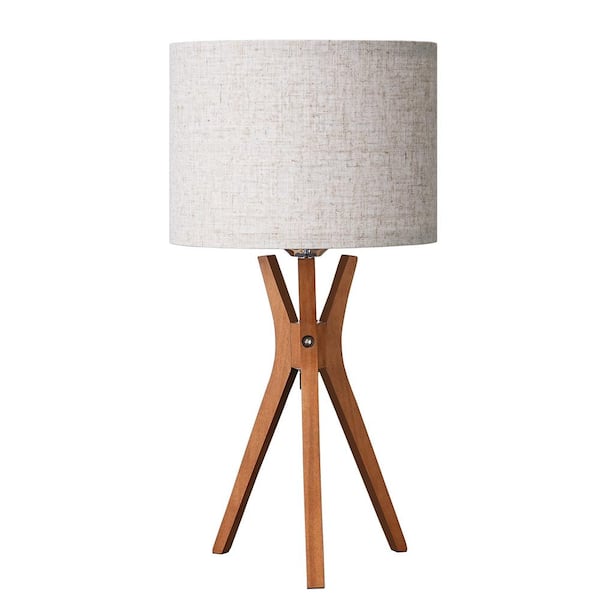 EDISHINE 17.5 in. Light Brown Wooden Tripod Transitional Table Lamp with Fabric Beige Shade