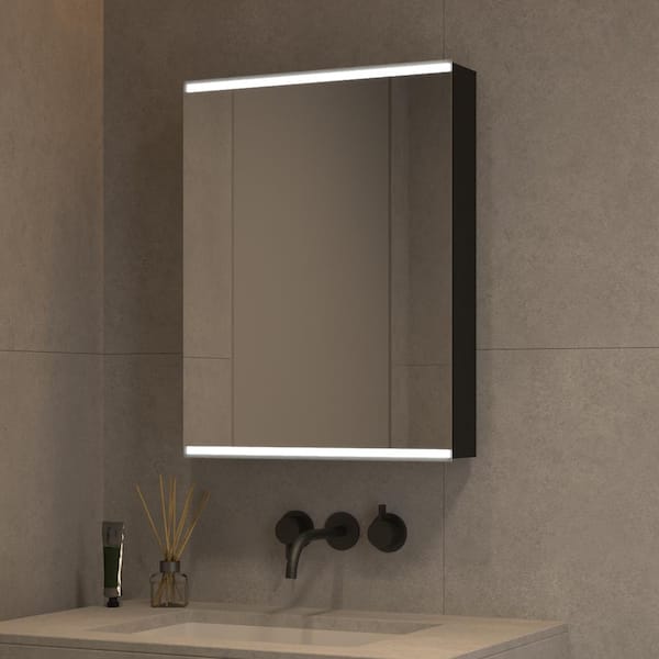 tunuo 20 in. W Wx 26 in. H Rectangular Aluminum Medicine Cabinet with Mirror in Black, LED Light (Left)