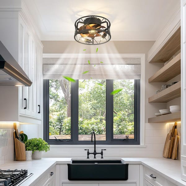 JAZAVA 12 in. indoor Matte Black and Dark Wood 100-240-Volt Low Profile Mini Cage Ceiling Fan with Light