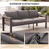 Graphite gray 3-seat outdoor metal sofa highlighting olefin fabric.