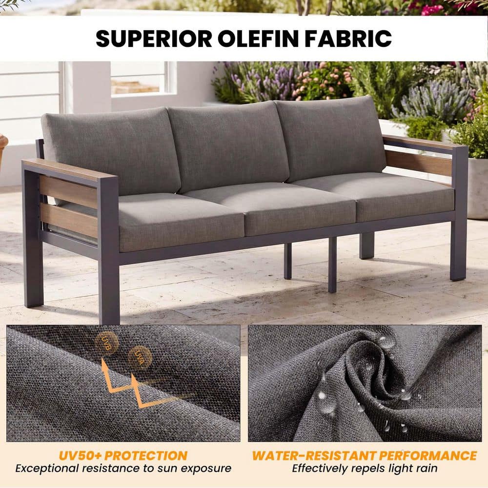 Graphite gray 3-seat outdoor metal sofa highlighting olefin fabric.
