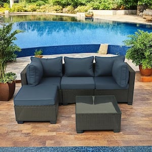 Modern 5-Piece Black Wicker Patio Conversation Set with Dark blue Cushions