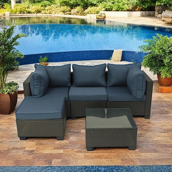 Unbranded Modern 5-Piece Black Wicker Patio Conversation Set with Dark blue Cushions