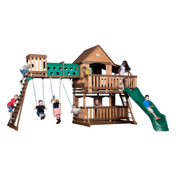 Woodridge Elite All Cedar Swing Set Playset with Elevated Tunnel, Crow's Nest, Rockwall, Wave Slide and Covered Porch