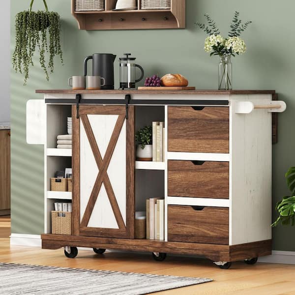 Runesay Farmhouse White Wood 55.5 in. Drop Leaf Power Outlet