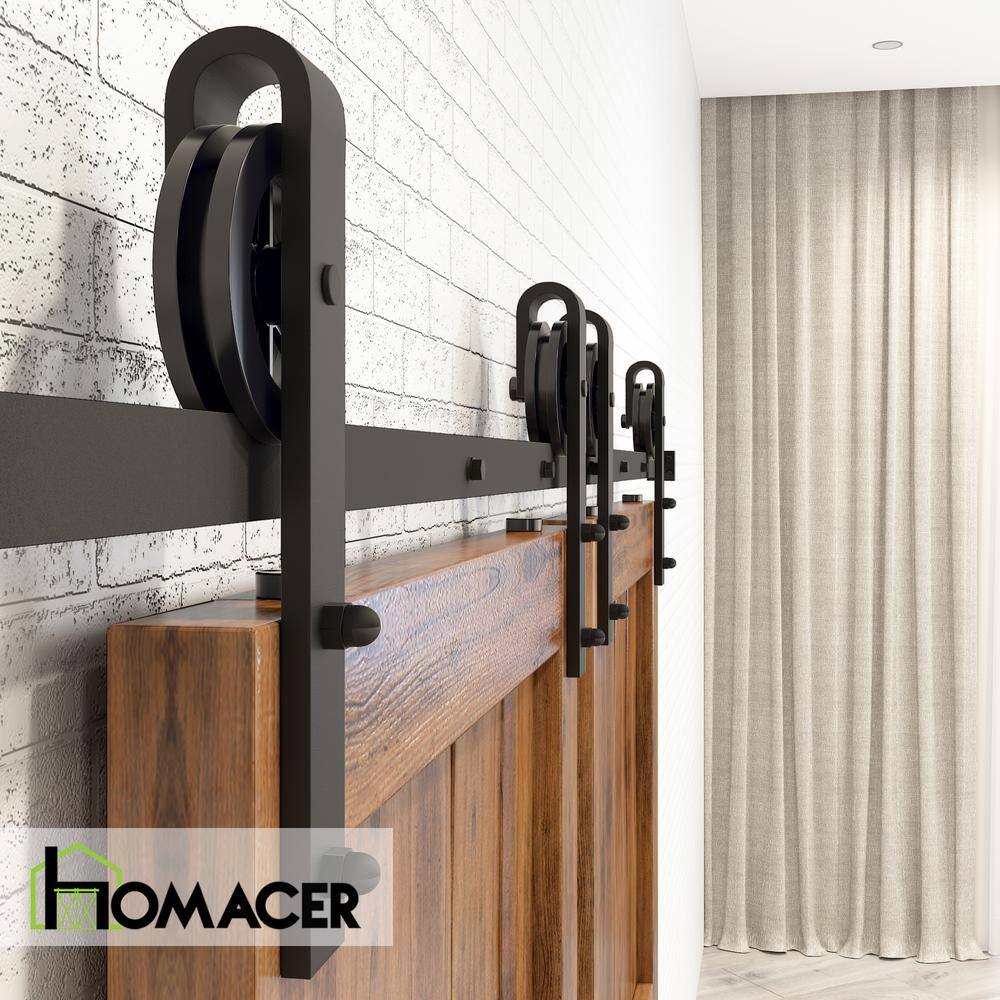 Rustic Black Double Sliding Barn Door Hardware Kit with Spoke Wheel Design