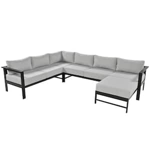 Black Aluminum U-shaped Outdoor Sectional Set with Gray Cushions
