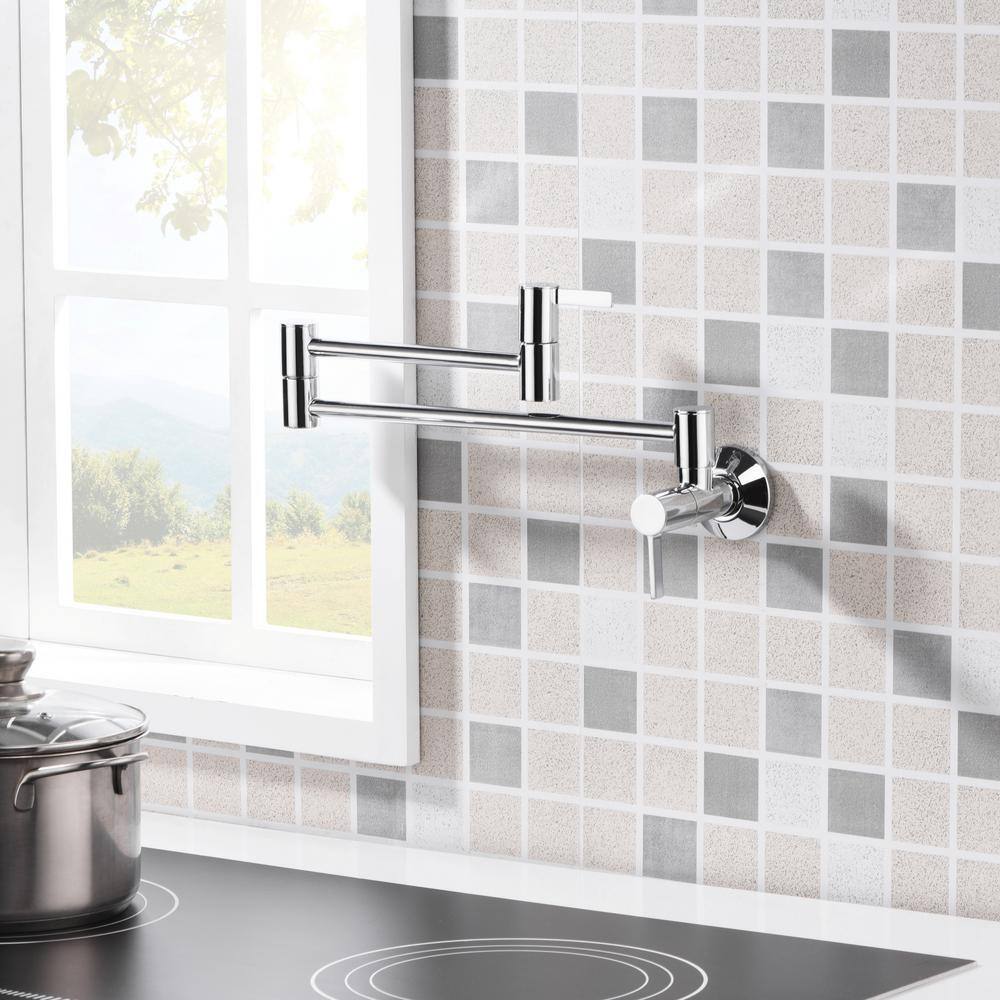 Polished Chrome Wall-Mount Pot Filler Faucet with Dual Ceramic Discs