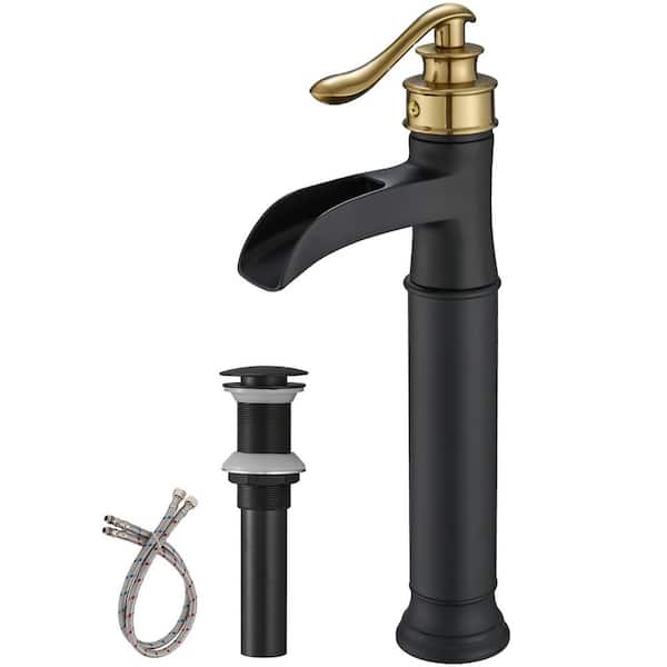 HOMEMYSTIQUE Single Handle Waterfall Vessel Sink Faucet with Drain Kit Included in Matte Black & Gold