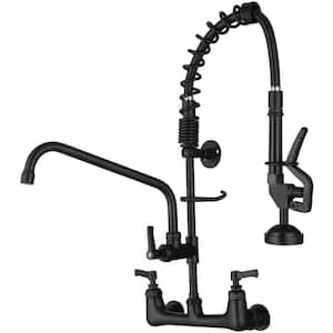Commercial Restaurant Pull Down 2-Handle Wall Mount Pre-Rinse Spray Utility Kitchen Faucet in Matte Black