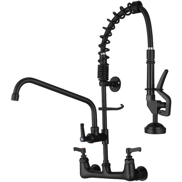 BWE Commercial Restaurant Pull Down 2-Handle Wall Mount Pre-Rinse Spray Utility Kitchen Faucet in Matte Black