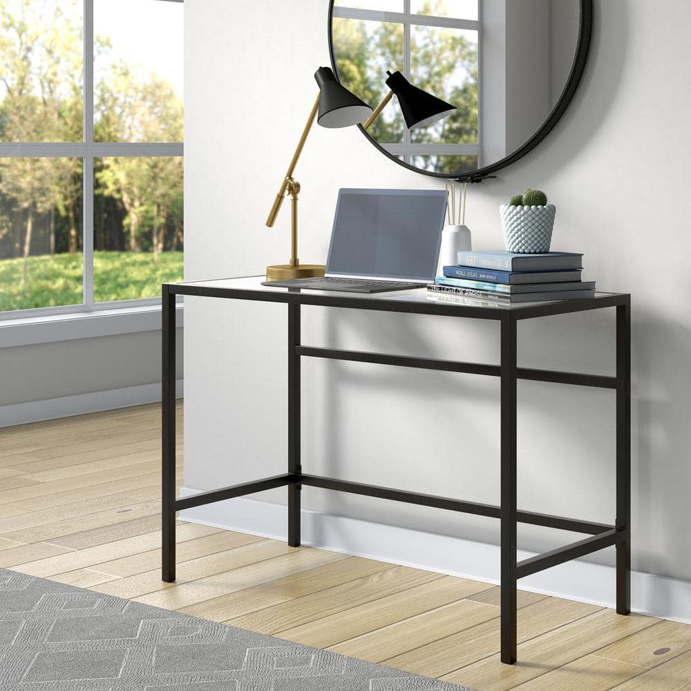 Sleek Blackened Bronze 42" Modern Writing Desk with Tempered Glass Top