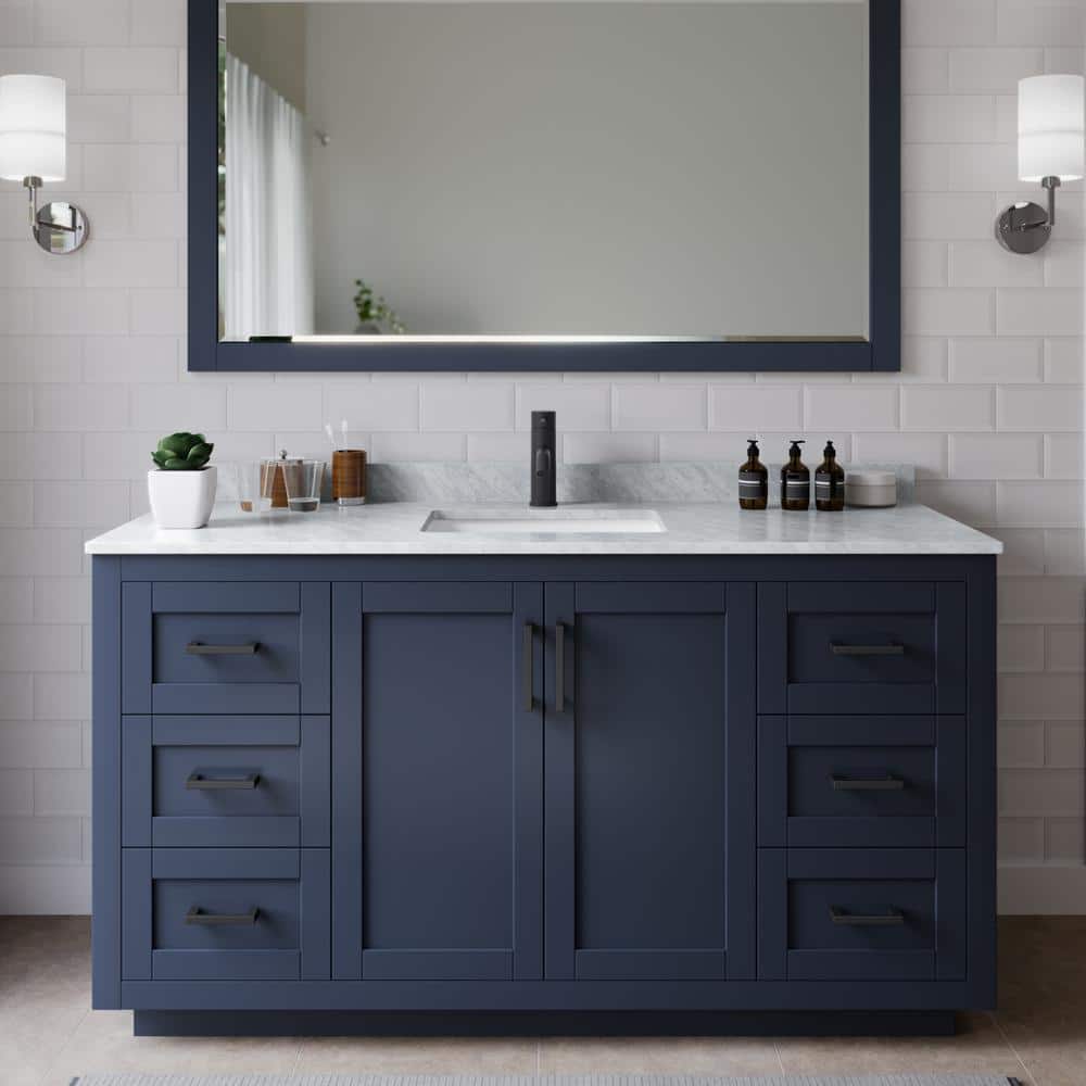 Miranda 60 in. W Single Bath Vanity in Dark Blue with Marble Vanity Top in White Carrara with White Basin price history on PriceWatchPro