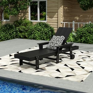 Shoreside Black HDPE Plastic Outdoor Adjustable Backrest Chaise Lounger with Wheels and Arms