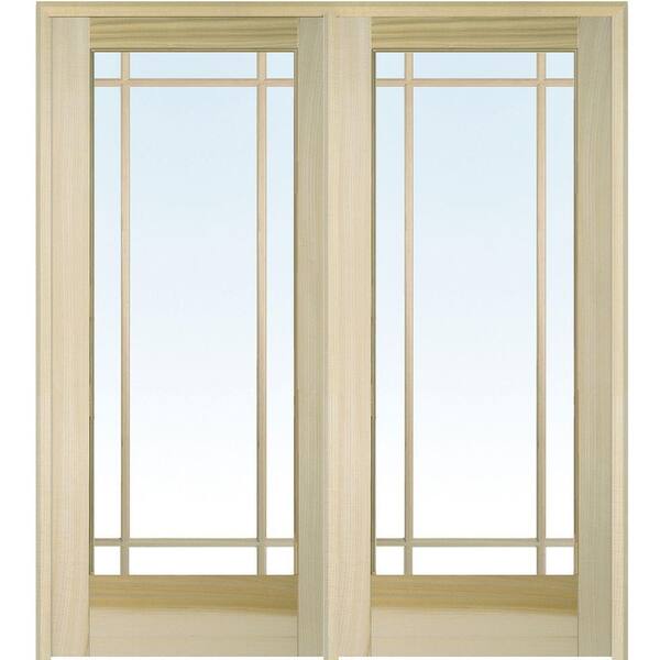 MMI Door 60 in. x 80 in. Left Hand Active Unfinished Poplar Glass 9-Lite Clear True Divided Prehung Interior French Door