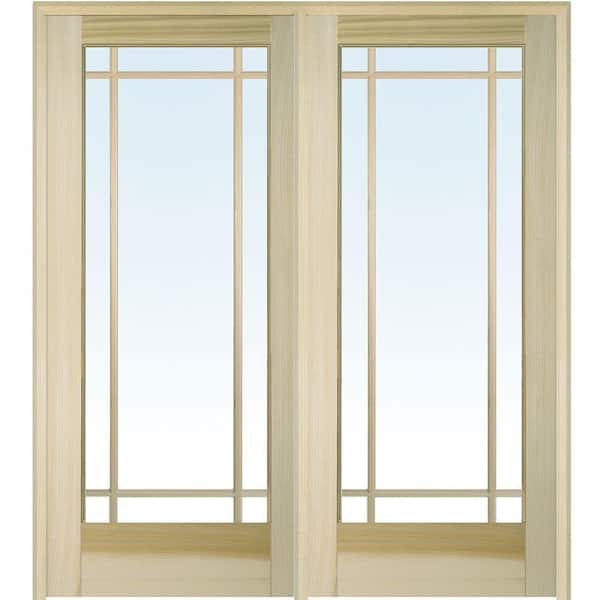 MMI Door 72 in. x 80 in. Left Hand Active Unfinished Poplar Glass 9-Lite Clear True Divided Prehung Interior French Door