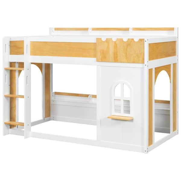 Harper & Bright Designs White and Natural Twin Over Twin Bunk Bed