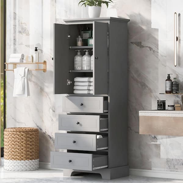 23.6 in. W x 15.7 in. D x 68.1 in. H Gray MDF Board Tall Linen Cabinet with Adjustable Shelf and 4 Drawers