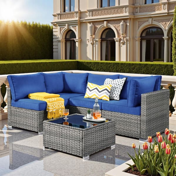 Elora Gray 5‑Piece Wicker Outdoor Sectional Sofa Set with Navy Blue Cushion & Coffee Table for Patio, Backyard, Deck