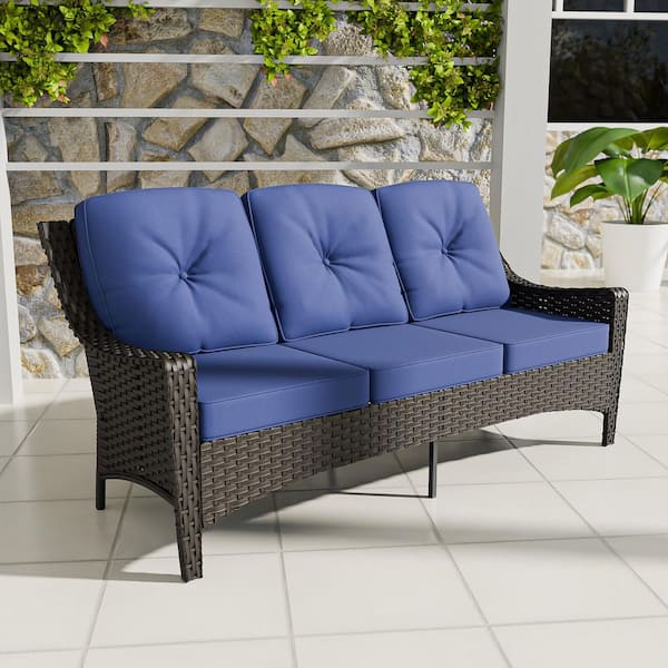 3-Seat Brown Wicker Outdoor Couch Patio Sofa with Deep Seating and Blue Cushions