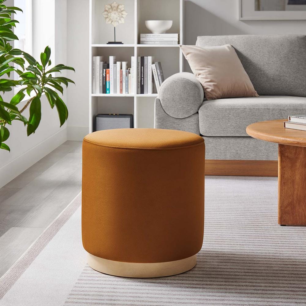 Tilden 16" Round Rust Velvet Upholstered Ottoman with Rubberwood Base