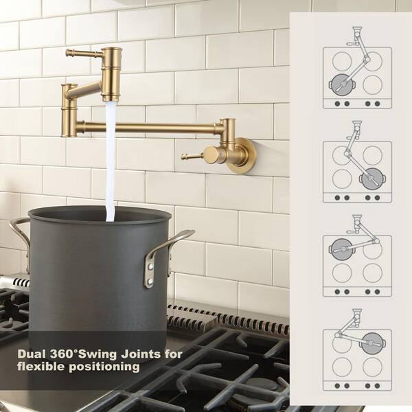 Wall Mounted Folding Pot Filler with Double-Handle Stretchable Kitchen Faucet in Gold