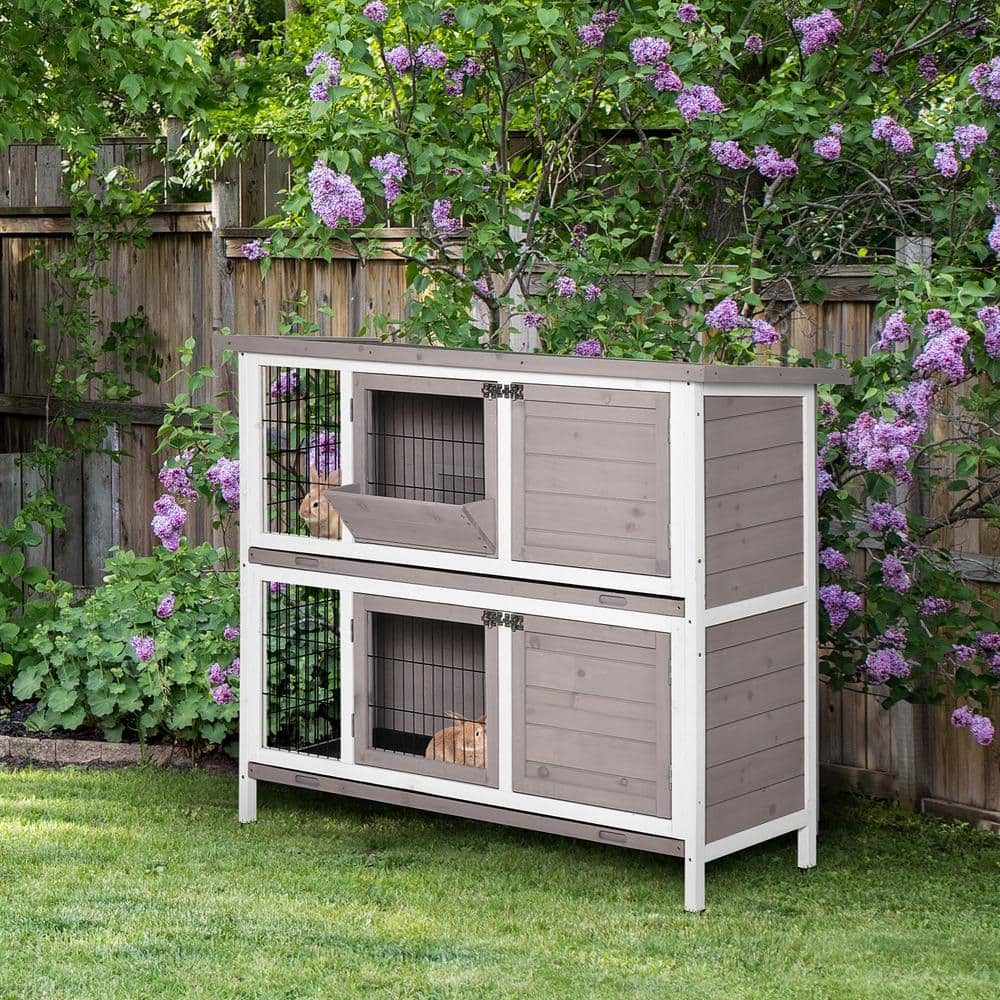 Gray and White Wooden 2-Tier Guinea Pig Cage with Slide-Out Tray