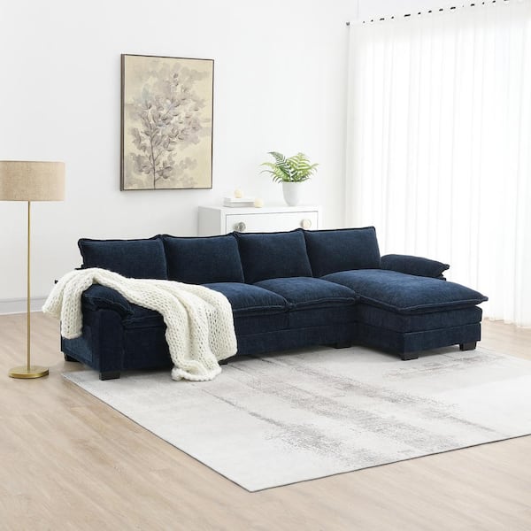 sumyeg 118 in. L-Shaped Chenille Sectional Sofa in. Dark Navy with Double Seat Cushions