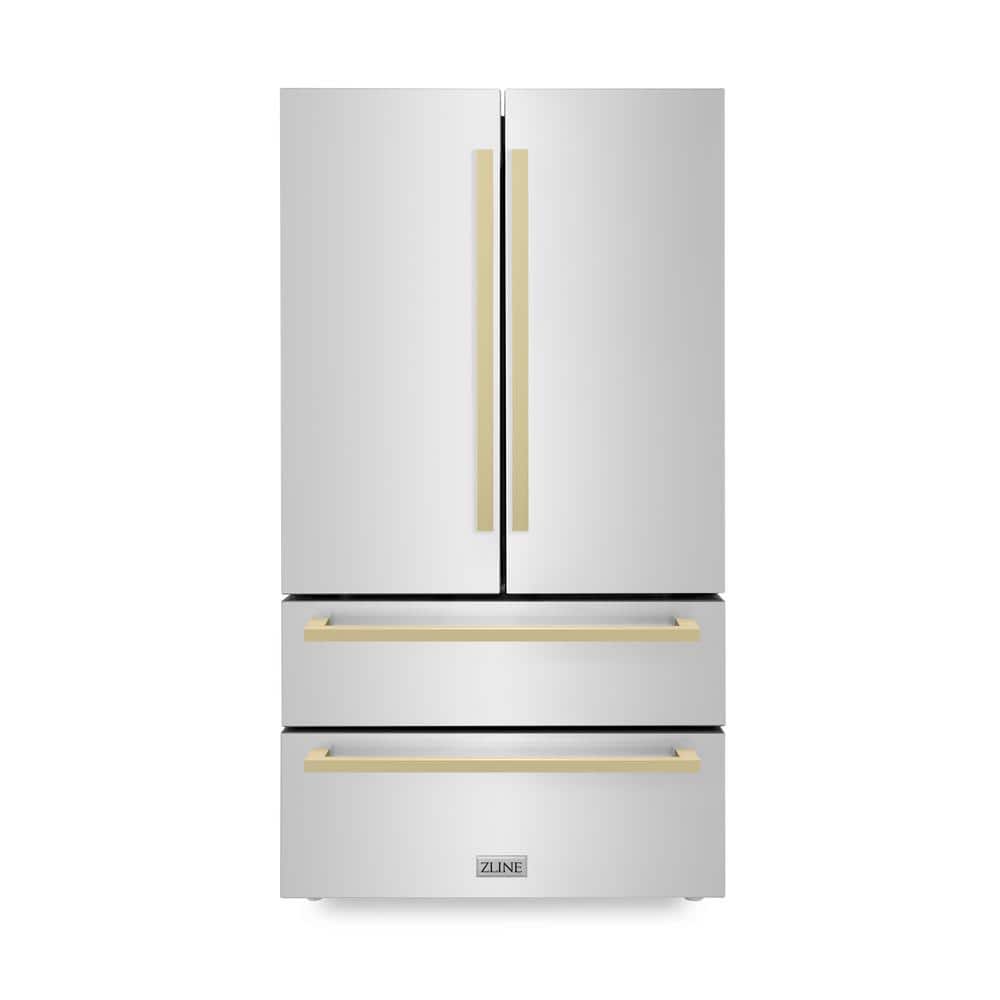 ZLINE Kitchen and Bath Autograph Edition 36 in. 4-Door French Door Refrigerator with Square Champagne Bronze Handles in Stainless Steel, Brushed 430 Stainless Steel & Champagne Bronze