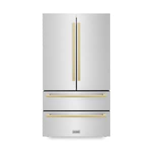 Autograph Edition 36 in. 4-Door French Door Refrigerator with Square Champagne Bronze Handles in Stainless Steel