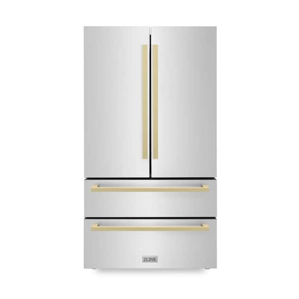 ZLINE Kitchen and Bath Autograph Edition 36 in. 4-Door French Door Refrigerator with Square Champagne Bronze Handles in Stainless Steel