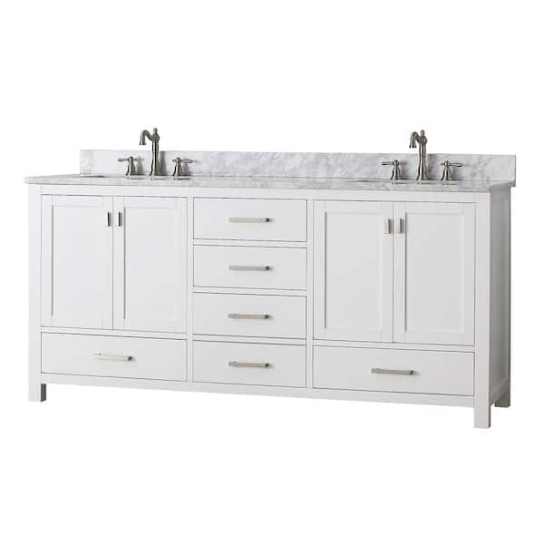 Modero 73 in. Double Sink White Bath Vanity with Carrara White Marble Top