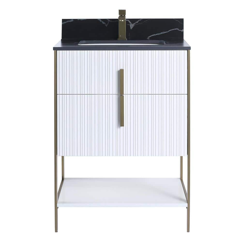 24 in. W x 18 in. D x 33.5 in. H Bath Vanity in White with Black Marble Stone Top with Satin Brass Hardware price history on PriceWatchPro