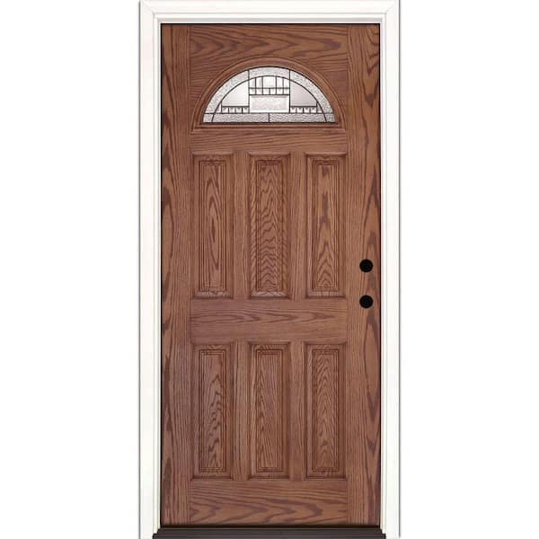 Feather River Doors 33.5 in. x 81.625 in. Preston Patina Fan Lite Stained Medium Oak Left-Hand Inswing Fiberglass Prehung Front Door