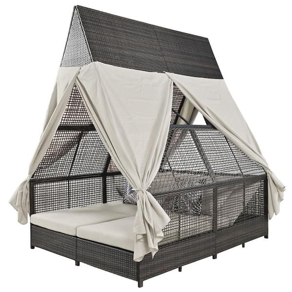 Unbranded Wicker Patio Outdoor Daybed, All-weather Double Sun Lounger with Adjustable Backrest, Curtain, Pillow and Beige Cushions