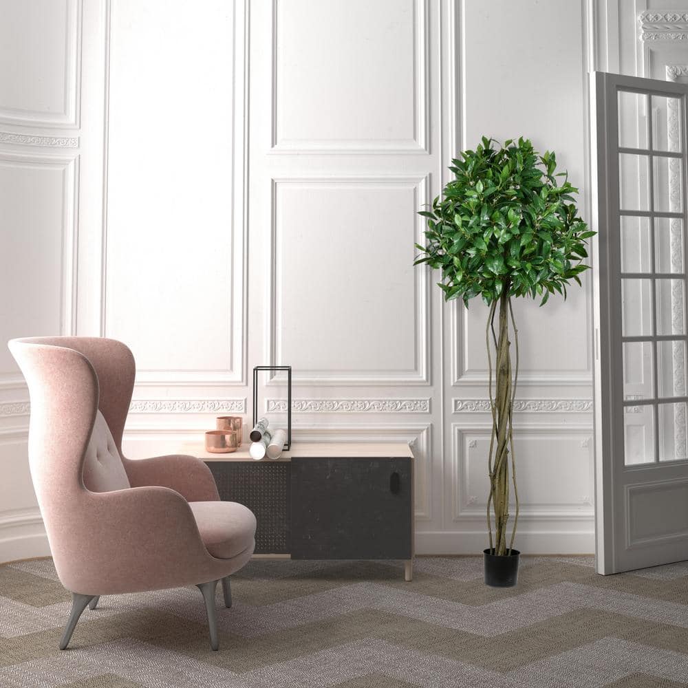 6' Green Plastic Bay Leaf Topiary in Black Pot