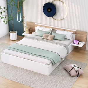 White Wood Frame Queen Size Platform Bed with Headboard, Drawers, Shelves, USB Ports and Sockets