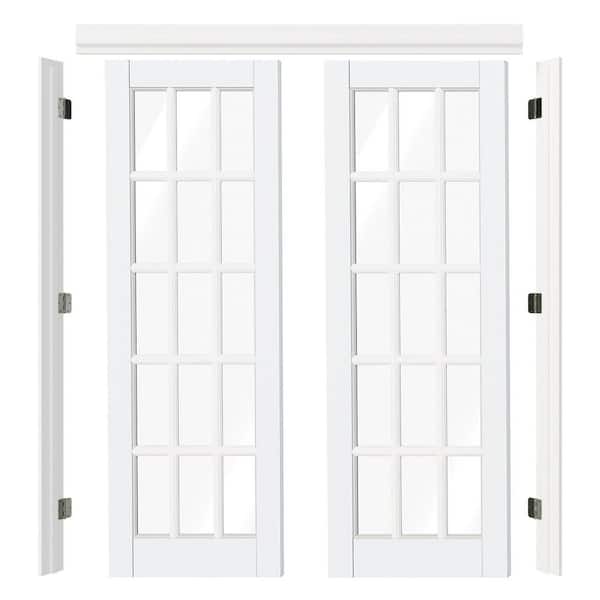 64 in. x 80 in. 15-Lite Clear Glass White Primed Pine Wood Core Double Pre-hung French Door with Quick Assemble Jamb