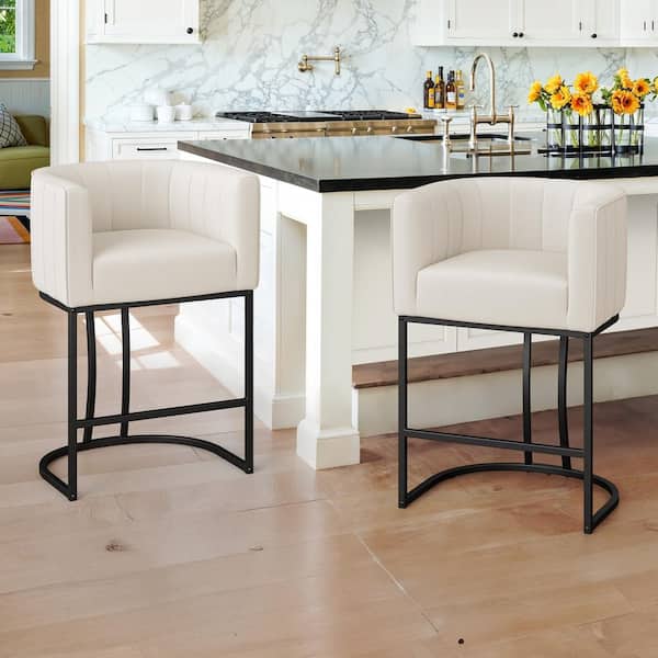 Siska 26 in. Modern Beige Fabric Upholstered Counter Stool with Black Metal Frame Barrel Counter Bar Stool Set of 2