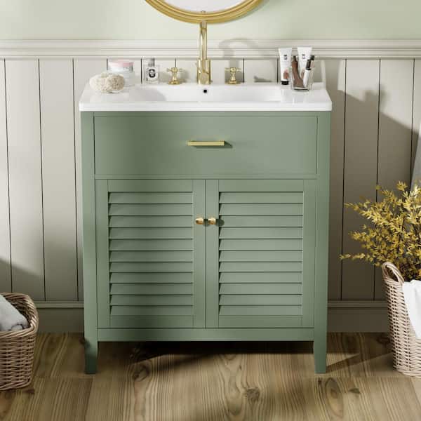 Tenleaf 30 in. W Single Sinks Freestanding Bath Vanity in Green with White Ceramic Top and Flip-out Drawer