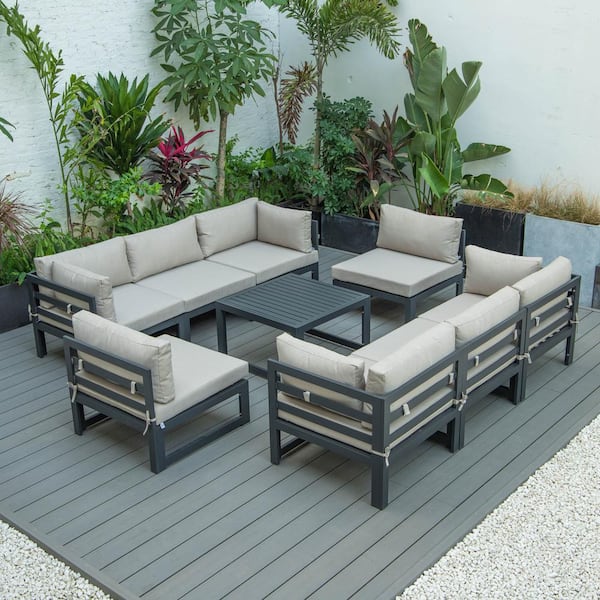 Leisuremod Chelsea Black 9 Piece Aluminum Patio Conversation Set with Beige Cushions