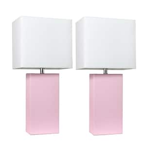 21 in. Modern Blush Pink Leather Table Lamps with White Fabric Shades (2-Pack)