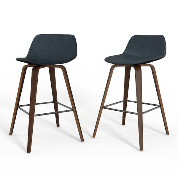 Simpli Home Randolph Mid Century Modern Bentwood Counter Height Stool (Set of 2) in Distressed Blue Vegan Faux Leather