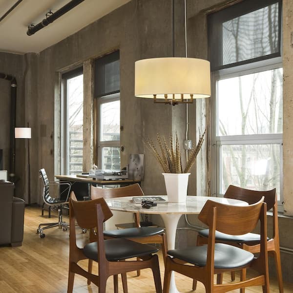 4-Light Matte Black Chandelier with Beige Fabric Shade