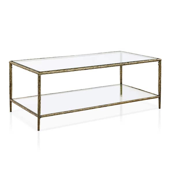 Parto 47.2 in. Modern Forged Gold Metal Rectangle Glass Top Coffee Table With Shelf
