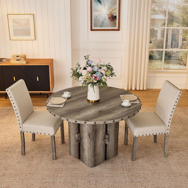 Rural Farmhouse 3-Pieces Round Weathered Wood Tone Top Dining Table Set with Nailhead Dinner Room Kitchen Chair 2 Seats