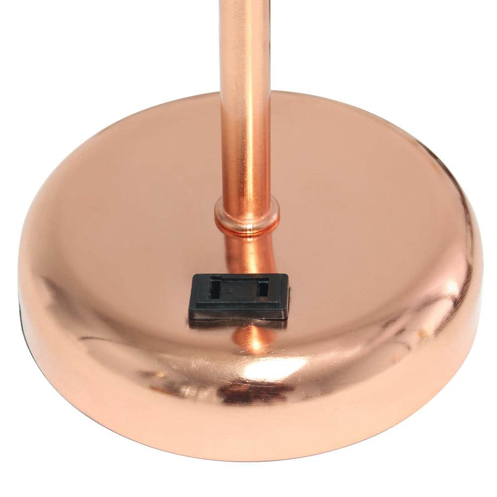 19.5" Rose Gold Metal Table Lamp with White Fabric Shade and Power Outlet