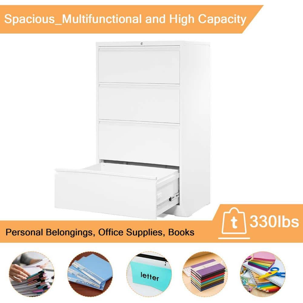 AOBABO White 4-Drawer Lockable Lateral Metal File Cabinet
